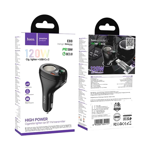 FM-трансмиттер Hoco E88 Star 35W Bluetooth для автомобиля с быстрой зарядкой 2 порта USB Type-C - изображение 2