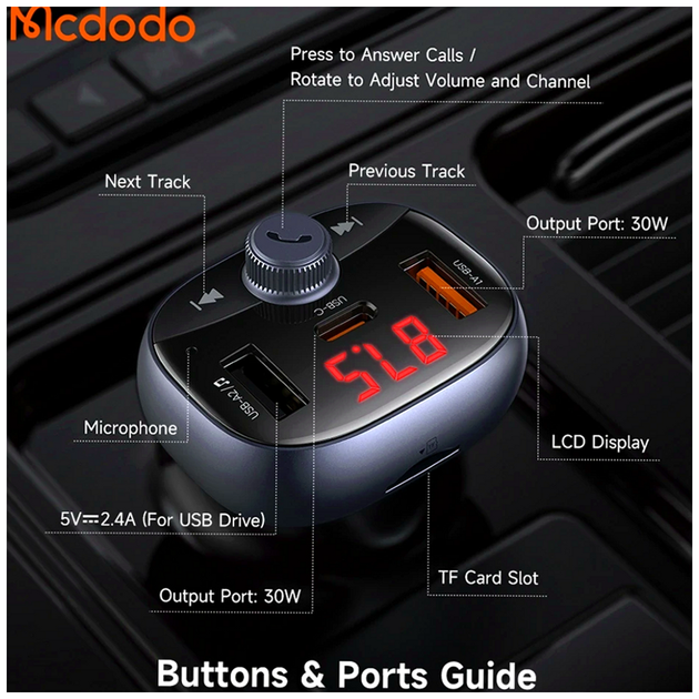 АЗУ McDodo 72W 2A1C автомобильное зарядное устройство с FM для быстрой зарядки смартфонов и планшетов - изображение 8