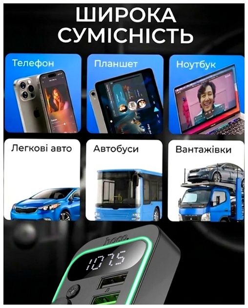 FM-трансмиттер Hoco E85 Tiger Bluetooth зарядное устройство для автомобиля с быстрой зарядкой 20Вт и функцией hands-free - изображение 7