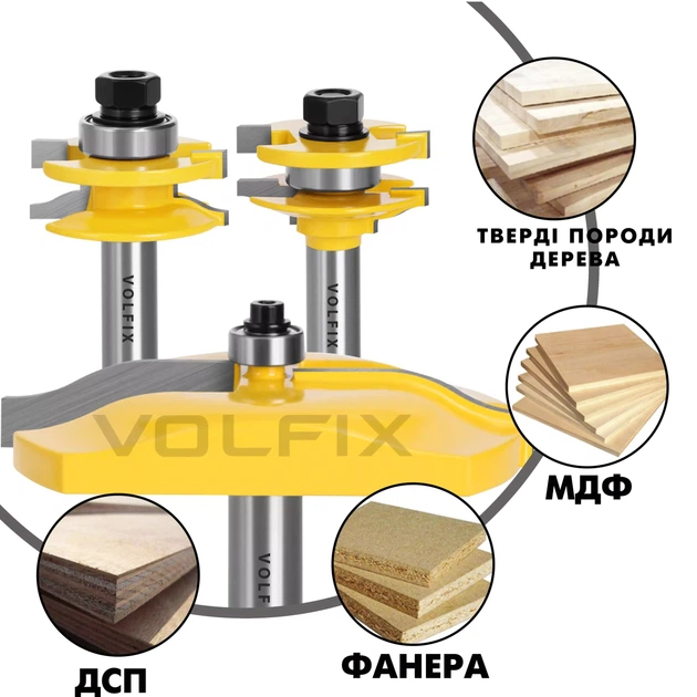 Комплект фрез №9 VOLFIX з 3-х фрез для мебельної обв'язки з фільонкою (FZ-120-900 + FZ-120-953 d12) - Фото 2 Комплект фрез №9 VOLFIX з 3-х фрез для мебельної обв'язки з фільонкою (FZ-120-900 + FZ-120-953 d12) - зображення 2
