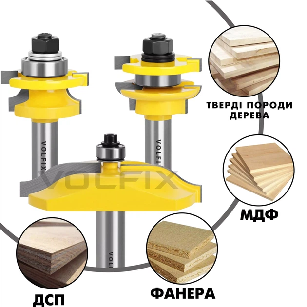 Комплект фрез №11 VOLFIX з 3-х фрез для мебельної обв'язки з фільонкою (FZ-120-901 + FZ-120-952 d12) - Фото 3 Комплект фрез №11 VOLFIX з 3-х фрез для мебельної обв'язки з фільонкою (FZ-120-901 + FZ-120-952 d12) - зображення 3