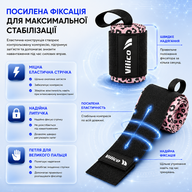 Бинты на запястье Vilico AB167 кистевые, для пауэрлифтинга, бодибилдинга и силовых тренировок, розовые Leopard - изображение 2