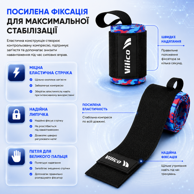 Бинти на зап'ястя Vilico AB167 кистьові, для пауерліфтингу, бодибілдингу та силових тренувань, сині - зображення 2