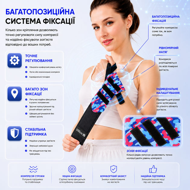Бинти на зап'ястя Vilico AB167 кистьові, для пауерліфтингу, бодибілдингу та силових тренувань, сині - зображення 4