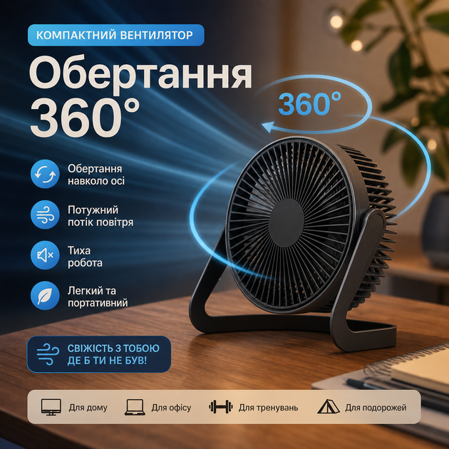 Портативный настольный поворотный USB вентилятор с регулировкой наклона 360 офисный мини вентилятор для роботого стола офиса - изображение 2