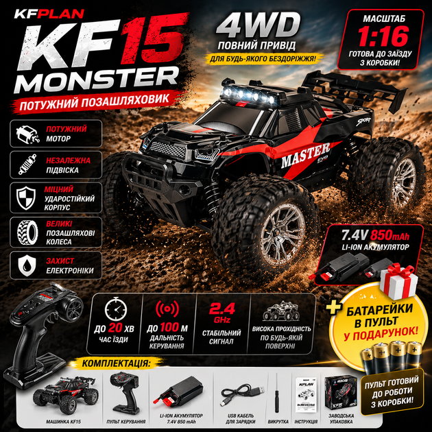 Радиоуправляемая машинка KFPLAN KF15 1:16 4WD на пульте управления, RC внедорожник, монстр-трак, вездеход, аккумулятор - изображение 2