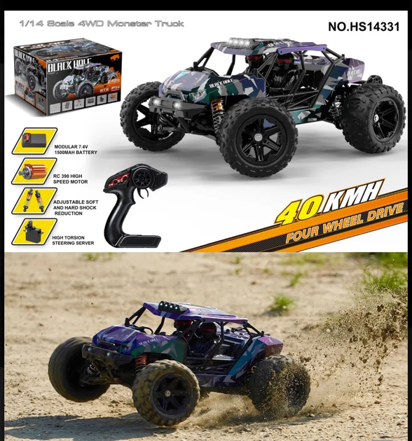Радиоуправляемая машинка HS14331 1:14 4WD до 40 км/ч, RC трагги, бесколлекторная, Brushless, внедорожник на пульте управления, аккумулятор Li-Po - изображение 8
