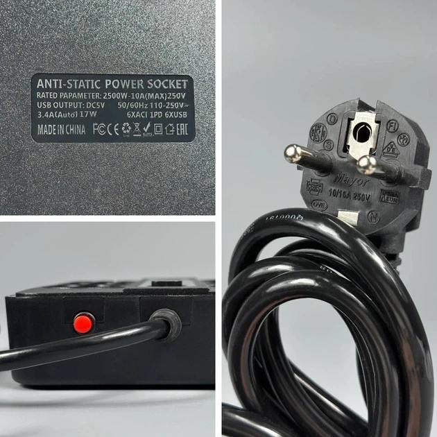 Подовжувач мережевий 1,75 м на 6 розеток + 4 USB + 2 Type-C, 3000W Power Socket F54-2PD Чорний - Фото 3 Подовжувач мережевий 1,75 м на 6 розеток + 4 USB + 2 Type-C, 3000W Power Socket F54-2PD Чорний - зображення 3