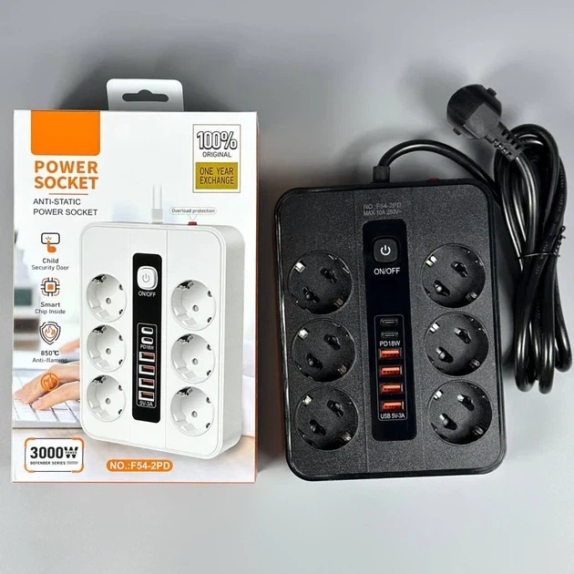 Подовжувач мережевий 1,75 м на 6 розеток + 4 USB + 2 Type-C, 3000W Power Socket F54-2PD Чорний - Фото 5 Подовжувач мережевий 1,75 м на 6 розеток + 4 USB + 2 Type-C, 3000W Power Socket F54-2PD Чорний - зображення 5