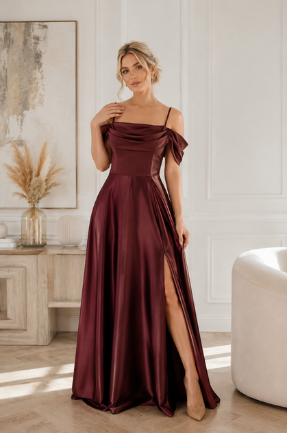 Бордовое атласное платье FirstWoman M бордовый 43406417 - изображение 3