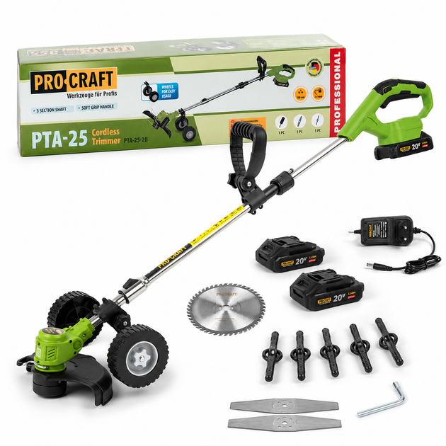 Акумуляторна коса Procraft PTA25 20V, 2 акумулятори 1.5 А·год, тример для трави з ножами, диском 40T та колесами - Фото 6 Акумуляторна коса Procraft PTA25 20V, 2 акумулятори 1.5 А·год, тример для трави з ножами, диском 40T та колесами - зображення 6