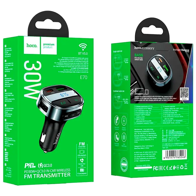 FM-трансмітер Hoco E70 Bluetooth для автомобіля зі швидким заряджанням 30 Вт 3 порти USB Type-C і microSD - зображення 3