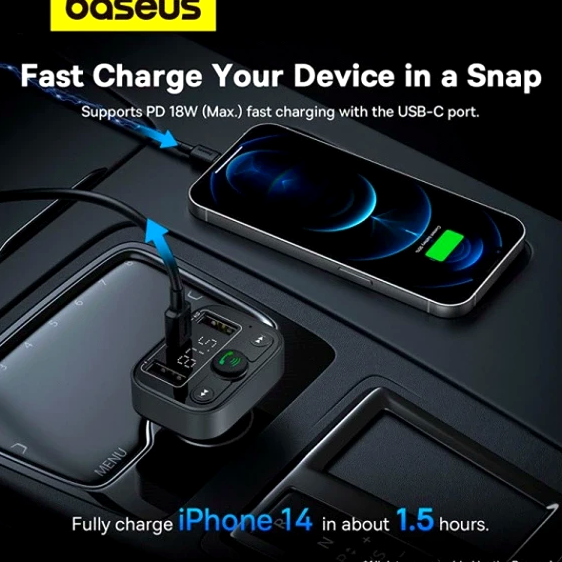 FM-трансмиттер Baseus S-09 Lite черный для автомобиля с Bluetooth и быстрой зарядкой USB Type-C - изображение 8