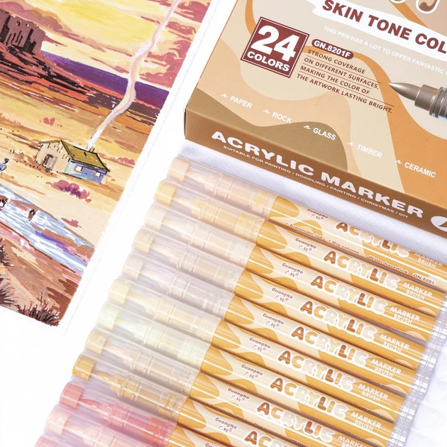 GuangNa Acrylic Marker Skin Tone Color 24 Colors професійний набір акрилових маркерів із пензлевим наконечником, палітра тілесних відтінків для малювання, скетчингу, розпису каменю, дерева, скла, кераміки та полотна. - изображение 2
