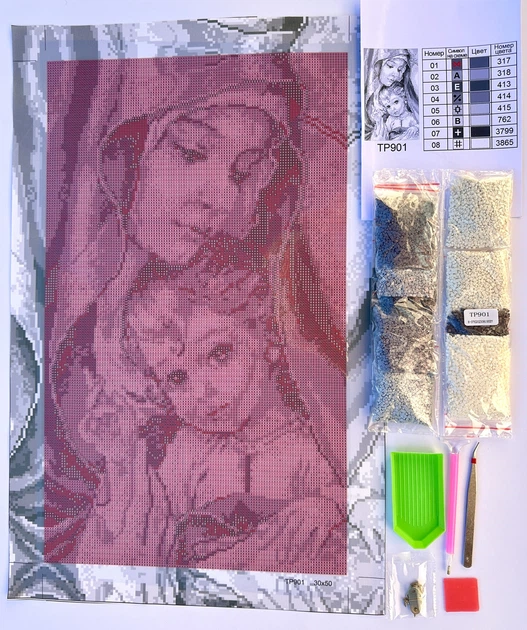 Набір алмазної мозаїки ColorArt 30х50 Ікона Богородиця з Ісусом сіра TP901 - изображение 2