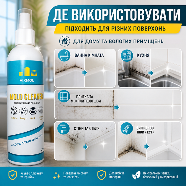 Спрей для защиты от грибка Mold cleaner Vixmol Средство для обработки стен от грибка 250 мл Средство от плесени - изображение 7