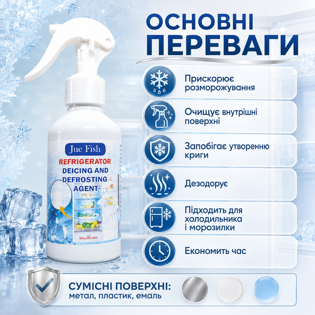 Спрей для размораживания холодильников и морозильных камер Jue Fish Refrigerator Размораживатель, 200 мл Средство разморозки - изображение 3