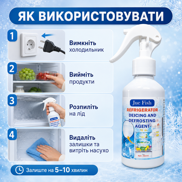 Спрей для размораживания холодильников и морозильных камер Jue Fish Refrigerator Размораживатель, 200 мл Средство разморозки - изображение 11