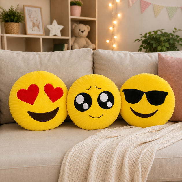Декоративна подушка Emoji "Крутий смайлик" 30 см, кругла, м'яка, плюшева. - зображення 3