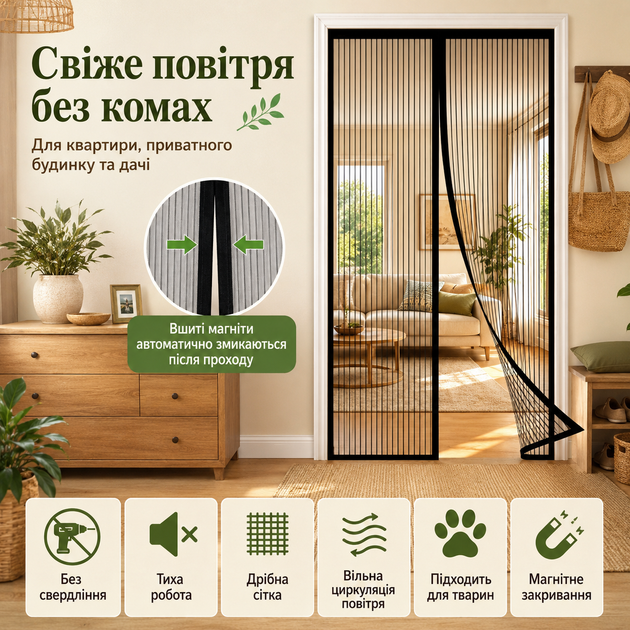 Магнитная москитная сетка на двери с вшитыми магнитами и автоматическим закрыванием 110 x 210 см - изображение 4