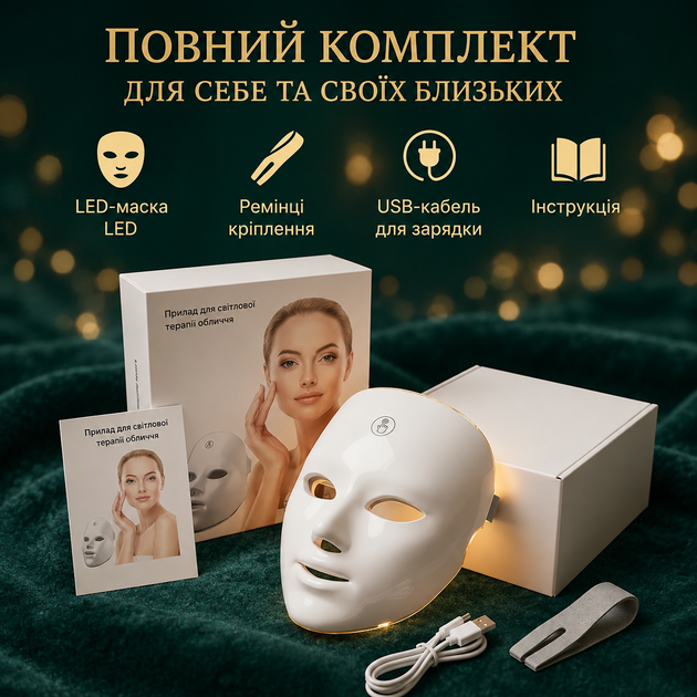 LED маска для обличчя 115 LED 7 кольорів світлодіодна маска для омолодження фотонна терапія від зморшок та акне - зображення 6