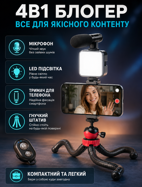 Комплект блогера 4в1 с гибким штативом микрофоном и подсветкой для профессионального контента с пультом дистанционного управления - изображение 5