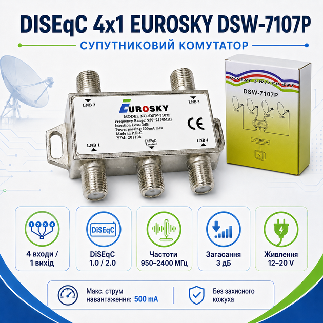 Спутниковый коммутатор DiSEqC 4х1 Eurosky DSW-7107P - изображение 2