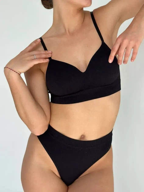 Базовий комплект жіночої білизни в рубчик зі стрінгами чорний One Size (К024) - зображення 3