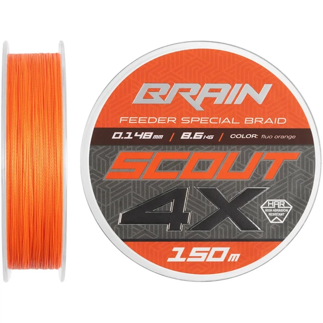 Шнур Brain Scout 4X 150m (fluoro Orange) 0.148mm 8.6kg - Фото 1 Шнур Brain Scout 4X 150m (fluoro Orange) 0.148mm 8.6kg - изображение 1