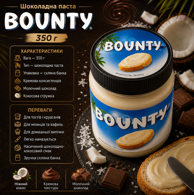 Шоколадная паста Bounty 350 г с кокосовой стружкой кремовая шоколадная намазка в стеклянной банке - Фото 2 Шоколадная паста Bounty 350 г с кокосовой стружкой кремовая шоколадная намазка в стеклянной банке - изображение 2