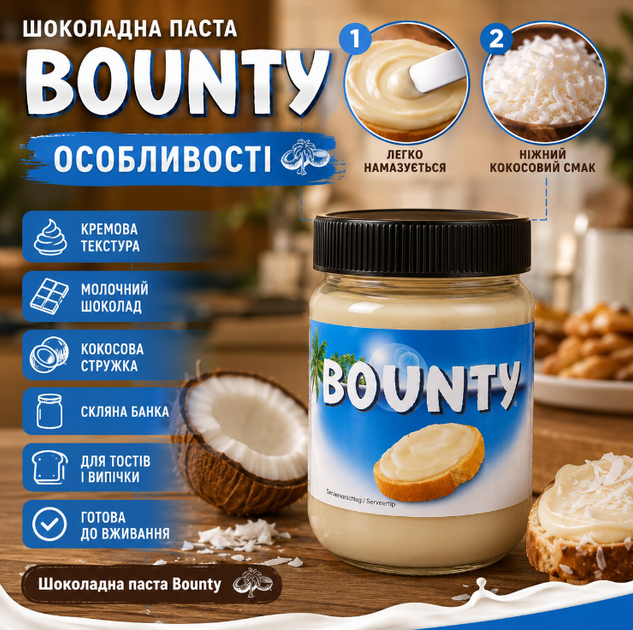 Шоколадная паста Bounty 350 г с кокосовой стружкой кремовая шоколадная намазка в стеклянной банке - Фото 3 Шоколадная паста Bounty 350 г с кокосовой стружкой кремовая шоколадная намазка в стеклянной банке - изображение 3