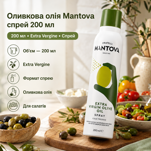 Оливкова олія Mantova Extra Virgin Olive Oil Spray 200 мл натуральна олія у форматі спрею для здорового харчування салатів пасти та гриля - Фото 1 Оливкова олія Mantova Extra Virgin Olive Oil Spray 200 мл натуральна олія у форматі спрею для здорового харчування салатів пасти та гриля - зображення 1