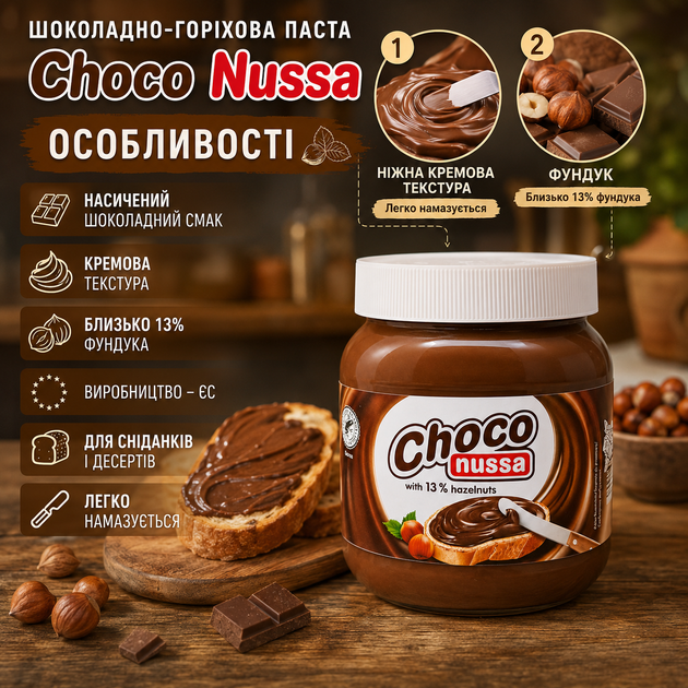 Паста шоколадно-ореховая Choco Nussa с фундуком 750 г кремовая шоколадная намазка для хлеба тостов выпечки и десертов - изображение 2