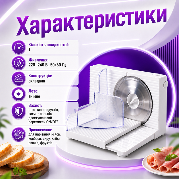 Электрическая ломтерезка Floria для мяса, колбасы, сыра, хлеба, овощей и фруктов со съемным ножом из нержавеющей стали 170 мм, регулировкой толщины нарезки от 0 до 15 мм, складной конструкцией и мощностью 150 Вт - изображение 2