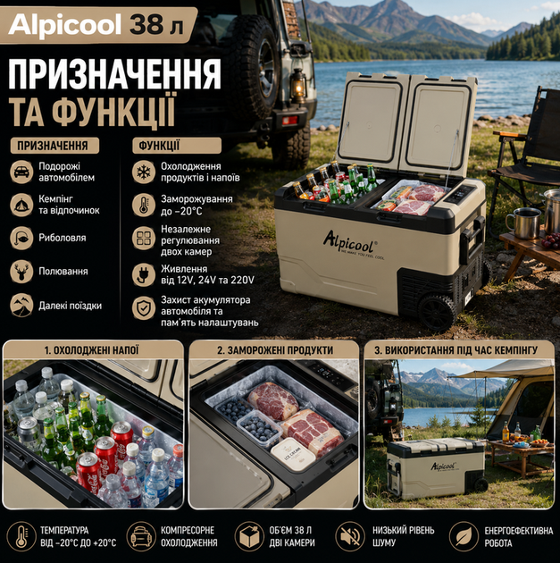 Автохолодильник компрессорный Alpicool 38 л 12V 24V 220V двухкамерный до минус 20 градусов с сенсорным управлением колесами и телескопической ручкой бежевый - изображение 4