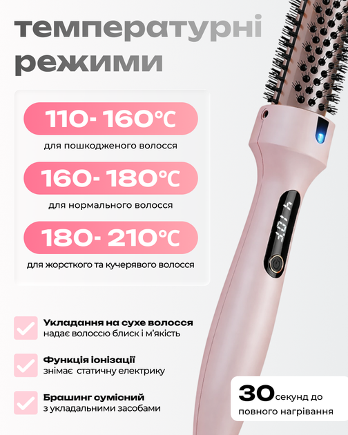 Термобраш для укладки волос с LCD-дисплеем и ионизацией — быстрый нагрев, регулировка температуры 160–210°C - изображение 5