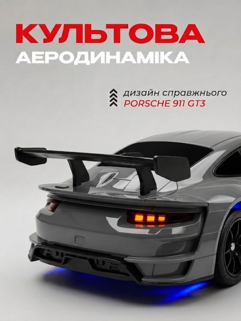 Дрифт машинка на радиоуправлении Porsche 911 GT3 RS Светятся фары 4WD Полный привод На пульте управления Радиоуправляемая Серая - изображение 5