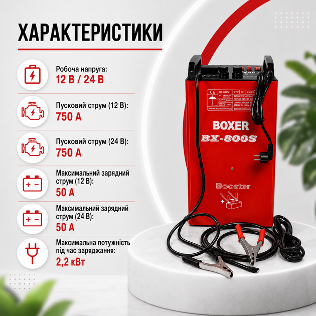 Пуско-зарядное устройство BOXER BX-8005 для автомобильных аккумуляторов 12 В и 24 В с функцией быстрого заряда запуском бензиновых и дизельных двигателей пусковым током 750 А - изображение 5