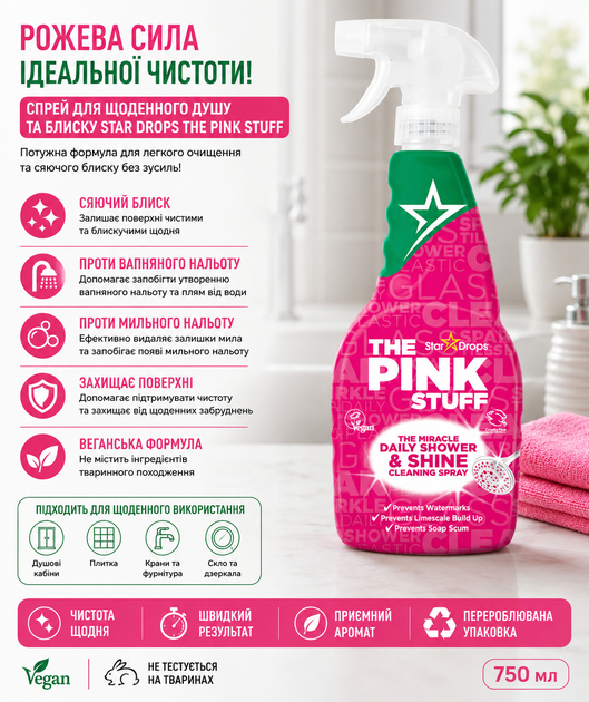 Засіб для чищення душових кабін The Pink Stuff Daily Shower & Shine, 850 мл - Фото 2 Засіб для чищення душових кабін The Pink Stuff Daily Shower & Shine, 850 мл - изображение 2