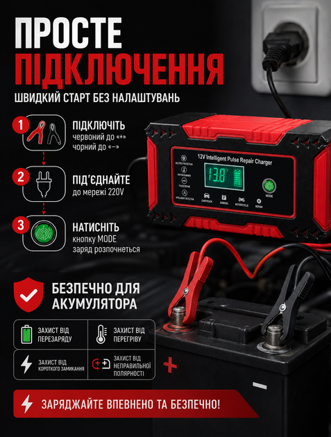 Автомобильное импульсное зарядное устройство для авто 12 В 6 А для свинцово-кислотных аккумуляторов AGM, GEL, EFB, WET 4–100 Ач с активным охлаждением и защитой - изображение 3