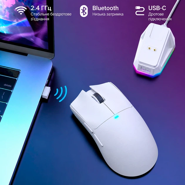 Бездротова ігрова мишка Attack SHARK X11 (22000DPI, 2.4G, BT5.2, Type-C, PAW3311, док-станція с RGB, white) - зображення 2