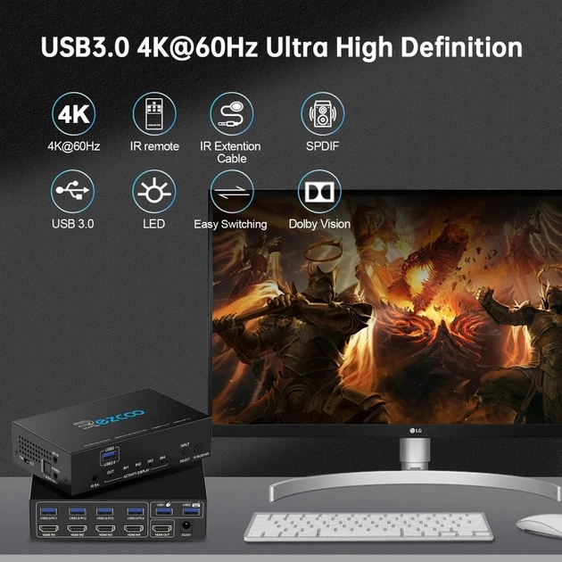 HDMI Switch 4 комп'ютер на 1 монітор USB 3.0 KVM 8K 4K 60Hz H EZ-SW41H21-KWMU3P - Фото 3 HDMI Switch 4 комп'ютер на 1 монітор USB 3.0 KVM 8K 4K 60Hz H EZ-SW41H21-KWMU3P - изображение 3
