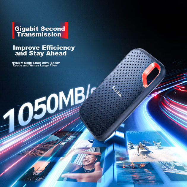 Портативный твердотельный накопитель SanDisk 500 ГБ NVMe E61 Ultimate Extreme Edition SSD, скорость чтения 1050 МБ/с, прямое подключение к телефону, внешний жесткий диск для ноутбука. - изображение 4