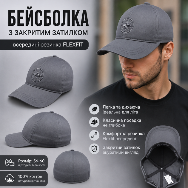 Бейсболка S.I.G. чоловіча сіра коттонова із закритим затилком FLEX FIT весна-літо тепла осінь розміри 56 58 60 - зображення 6