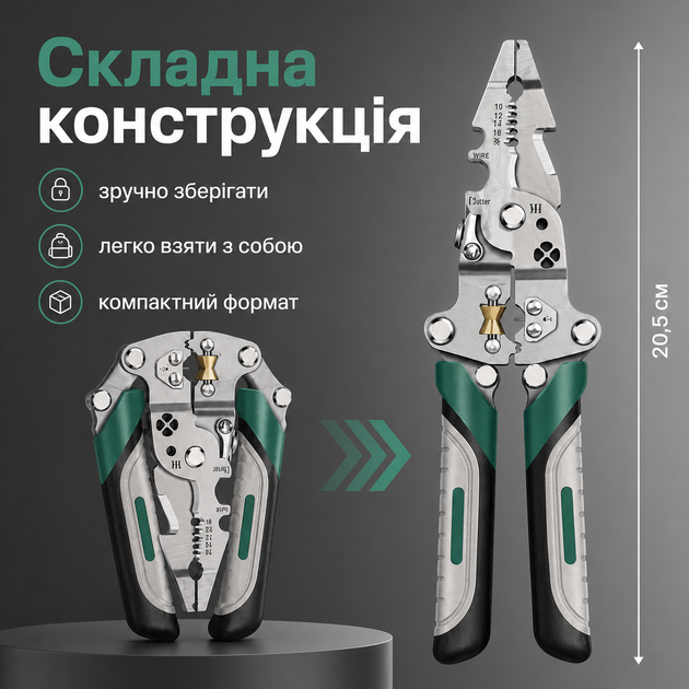 Плоскогубці-стрипер багатофункціональні для електромонтажних робіт 20,5 см складані - зображення 4