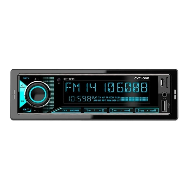 Автомагнитола 1DIN мультимедийна Cyclone MP-1094 с управлением через приложение FM, USB, Type C для зарядки, microSD, AUX, MP3,RGB - изображение 2