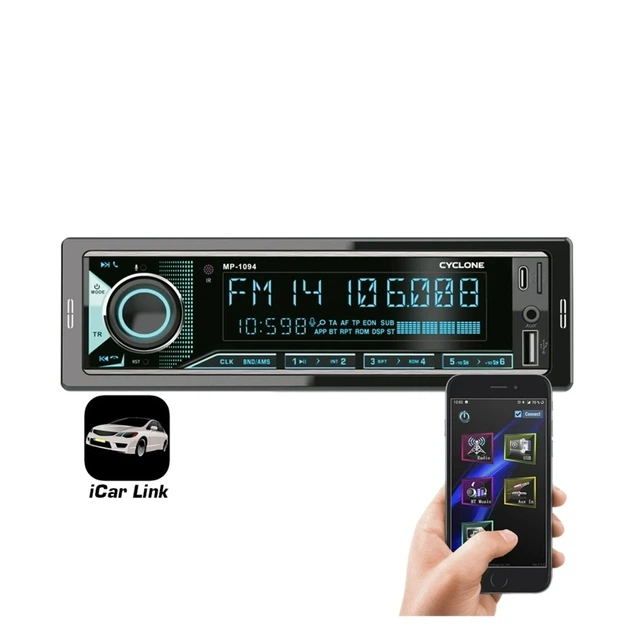 Автомагнитола 1DIN мультимедийна Cyclone MP-1094 с управлением через приложение FM, USB, Type C для зарядки, microSD, AUX, MP3,RGB - изображение 5