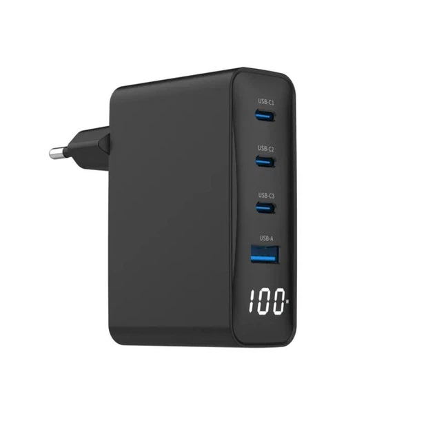 Зарядное устройство Gembird TAUCPDQC100LCD-01BK GaN 1xUSB-A (QC3.0 30W)+3xType-C (PD 100W) - Фото 1 Зарядное устройство Gembird TAUCPDQC100LCD-01BK GaN 1xUSB-A (QC3.0 30W)+3xType-C (PD 100W) - изображение 1