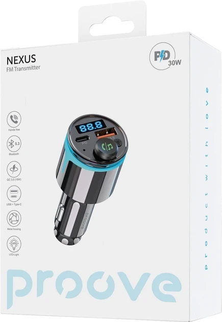 FM-модулятор/дисплей 30W (PD+QC3.0) Type-C+USB Proove Nexus black UA (FMNX30110001) - зображення 5