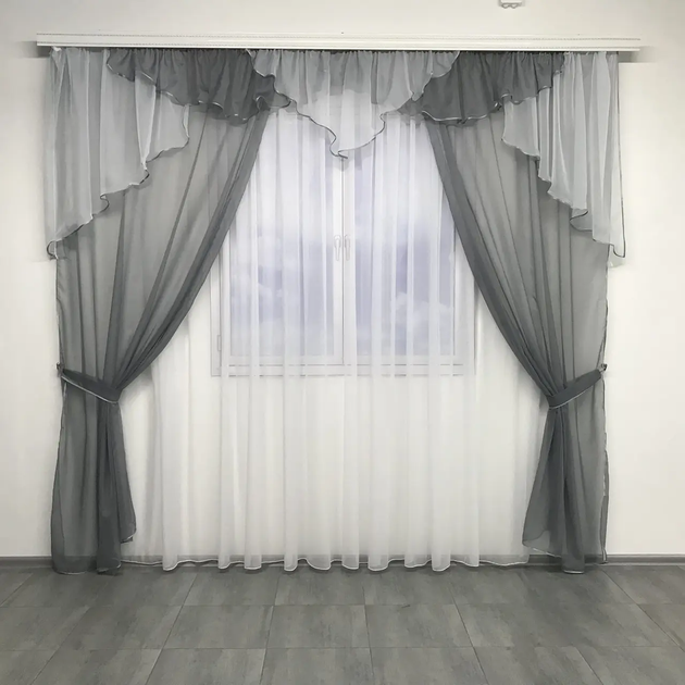 Шифоновые шторы с ламбрекеном серого цвета на тасьме ALBO 000354038 - Фото 1 Шифоновые шторы с ламбрекеном серого цвета на тасьме ALBO 000354038 - изображение 1